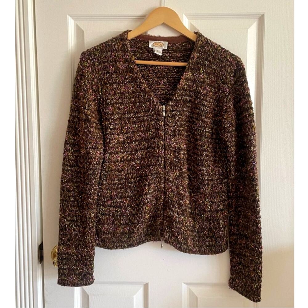 VTG Talbots Chunky Knit Double Zip Cardigan Sweater Multicolor Brown Size Med